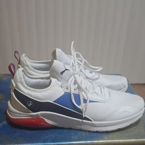 BMW White and Navy Sneakers with Red Sole